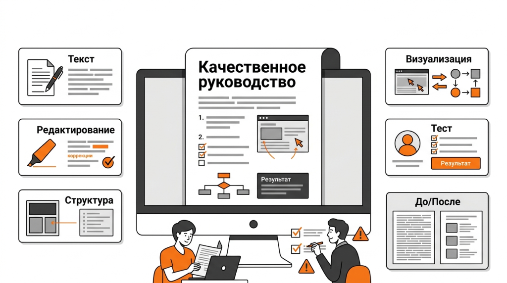 Инфографика о написании и оформлении качественного гайда: текст, редактура, структура, скриншоты, схемы и тестирование на пользователе. 