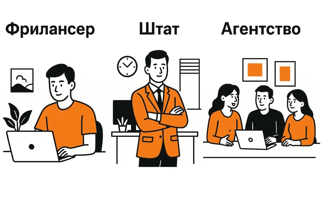 Фрилансер, штат и агентство в SEO показаны для сравнения форматов работы.