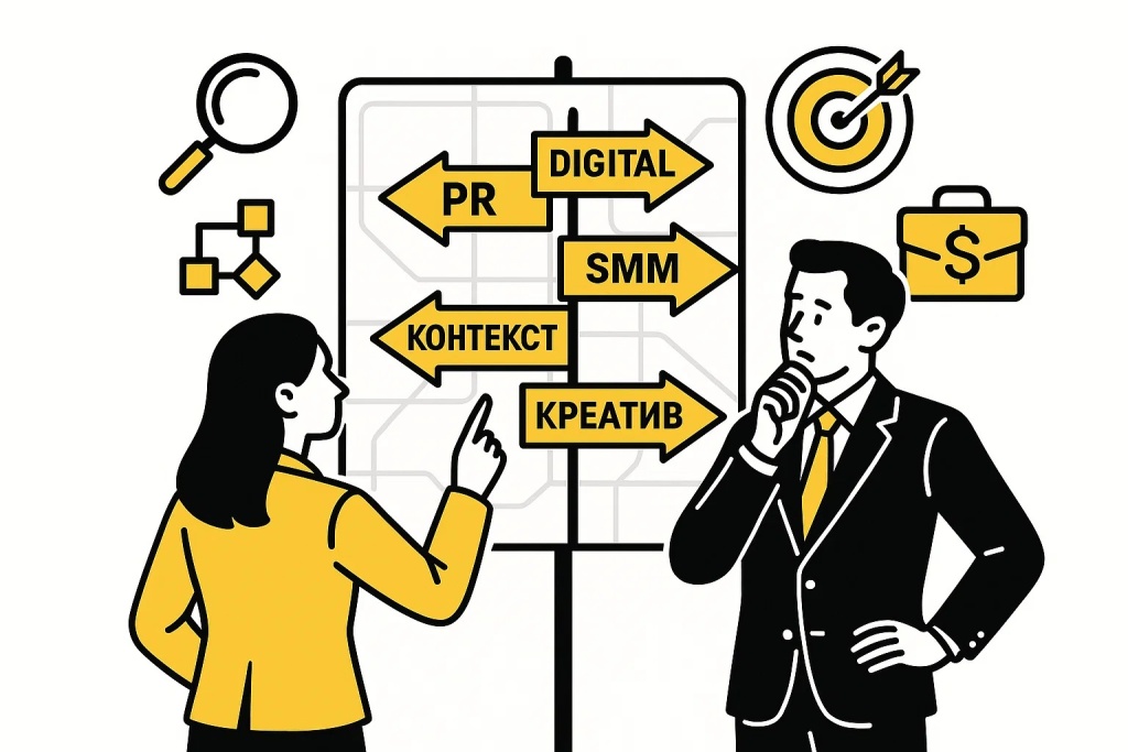 Выбор между категориями медиа-агентств: PR, SMM, контекст, креатив и digital.