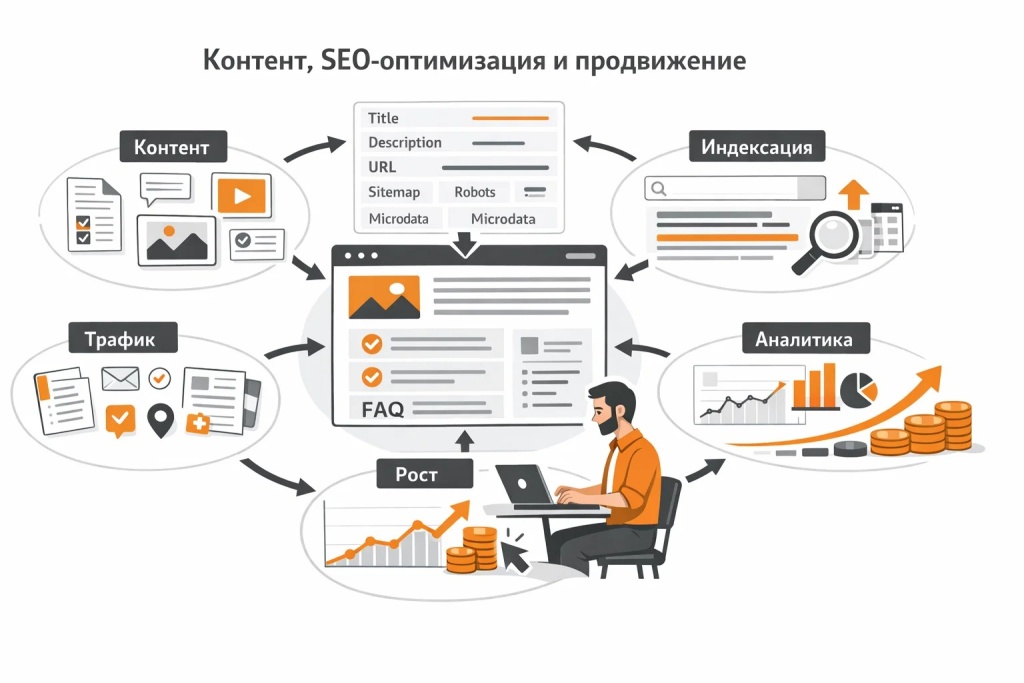 kontent-seo-optimizaciya-i-prodvizhenie.jpg Инфографика о контенте, SEO и продвижении сайта: статьи, метатеги, поиск, аналитика, индексация, рост трафика и работа с видимостью сайта.