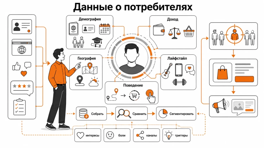 Инфографика о характеристиках целевой аудитории: демография, психографика, география, доход, поведение и триггеры покупки.