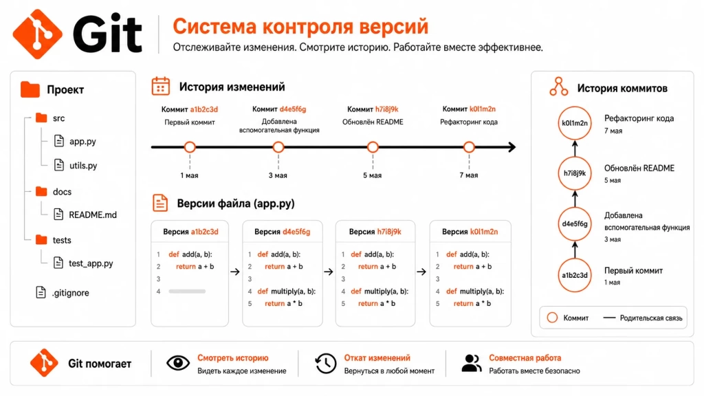 Git система контроля версий с историей коммитов и версиями файлов. 