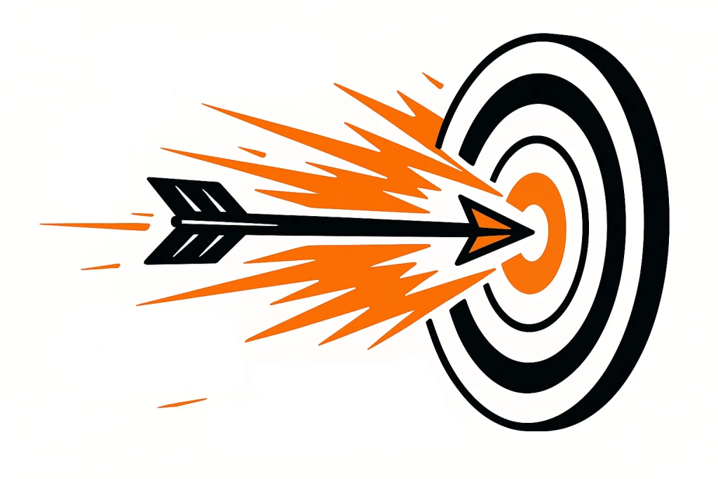 Иллюстрация платного продвижения: быстрая стрела с символами рекламы, точно попадающая в целевую аудиторию для быстрого результата.