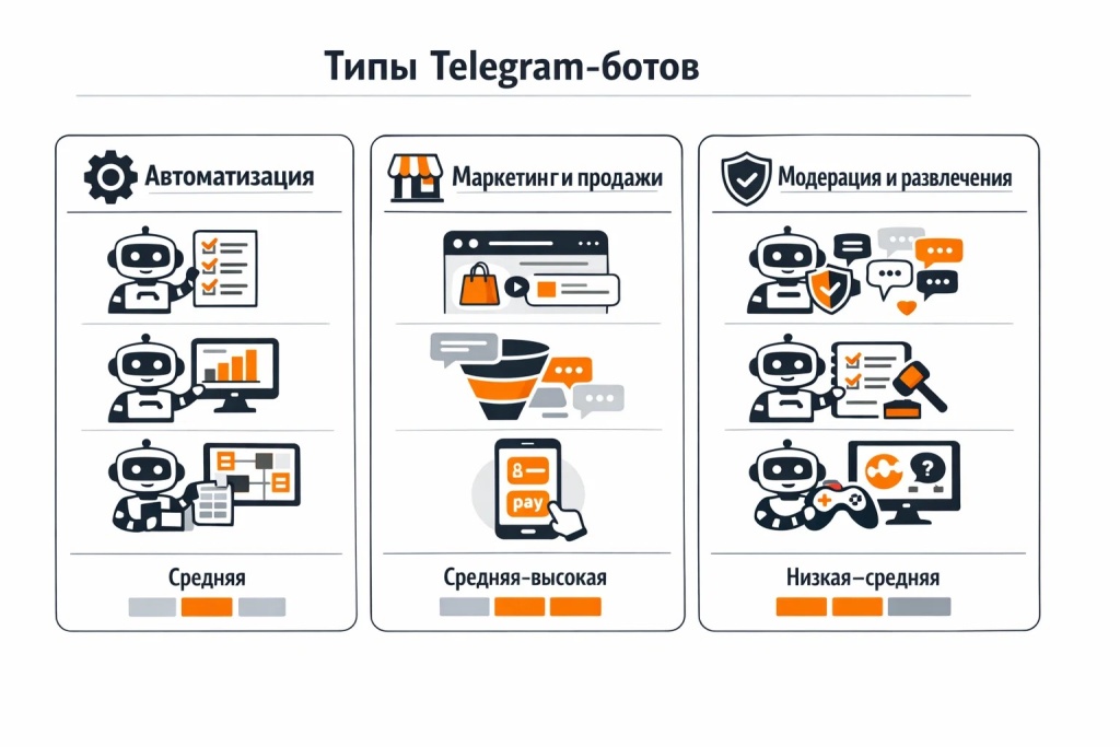 Инфографика с тремя типами Telegram-ботов: автоматизация, маркетинг и продажи, модерация и развлечения, с примерами задач и уровнем сложности.