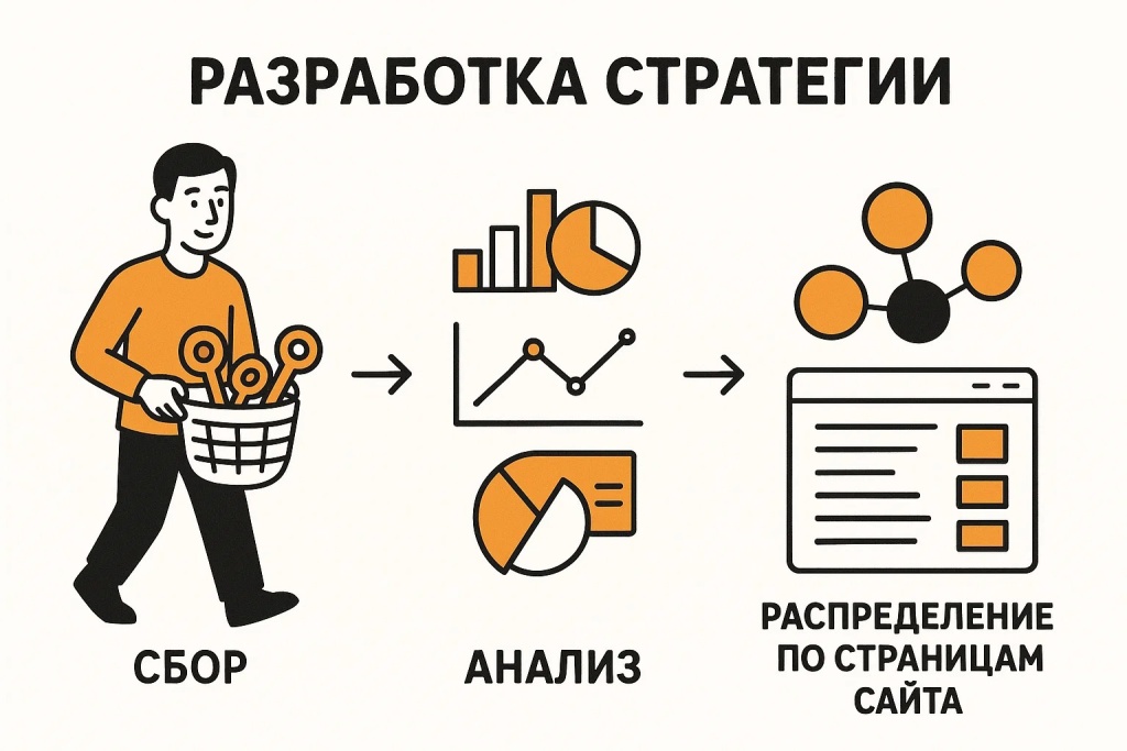 Разработка стратегии с этапами сбора, анализа и распределения по страницам сайта Разработка стратегии с этапами сбора, анализа и распределения по страницам сайта