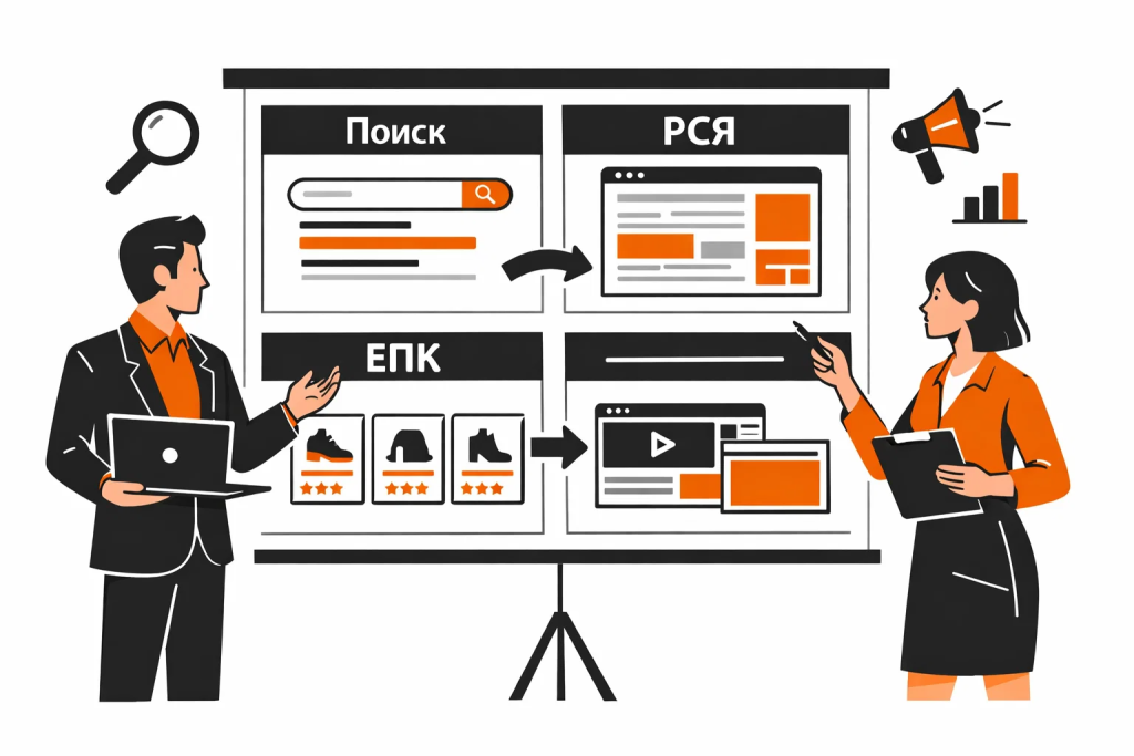 Иллюстрация выбора форматов рекламных кампаний и каналов продвижения.