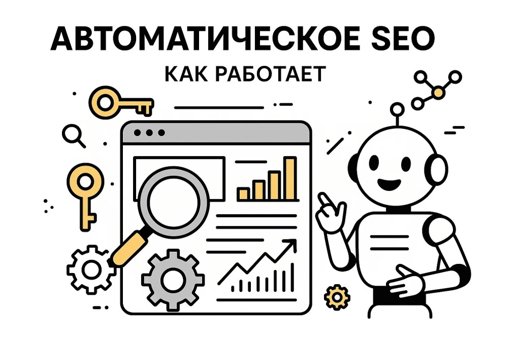 Автоматическое SEO с участием робота, графиков и аналитических инструментов.