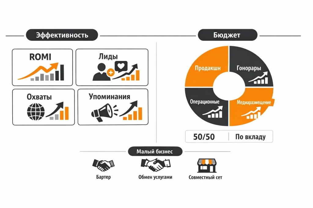 Инфографика по оценке коллаборации: ROMI, лиды, охваты, вовлеченность, упоминания, а также структура бюджета и распределение расходов.