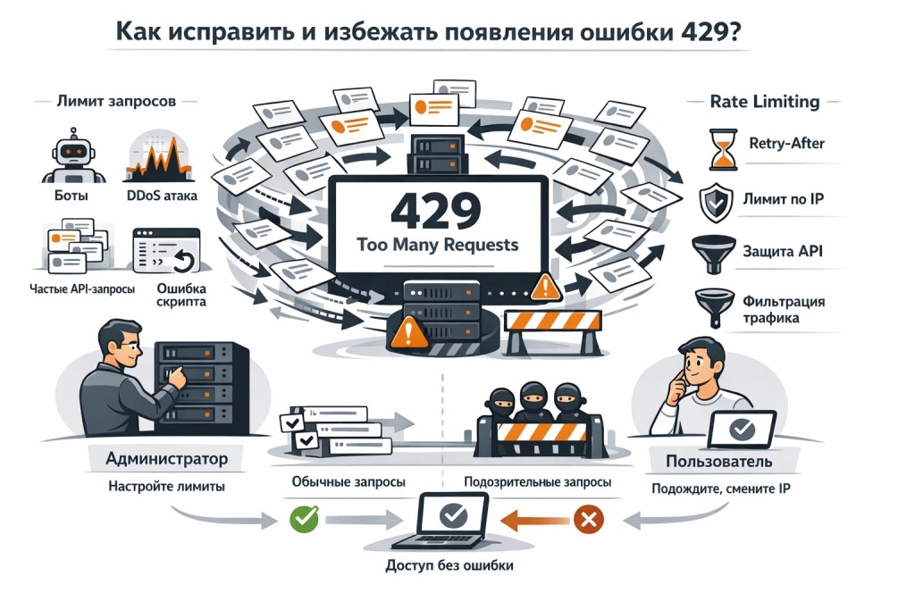 Инфографика об ошибке 429 Too Many Requests: лимиты запросов, боты, скрапинг, DDoS, rate limiting и способы избежать блокировки.