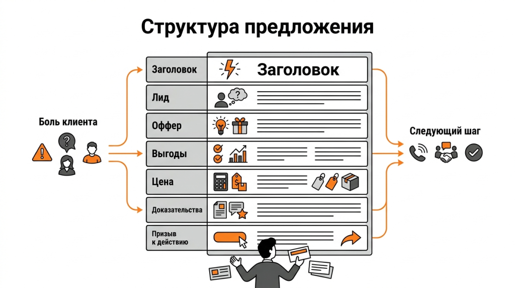 Инфографика о структуре коммерческого предложения: заголовок, лид, оффер, выгоды, цена, кейсы, возражения и CTA. 