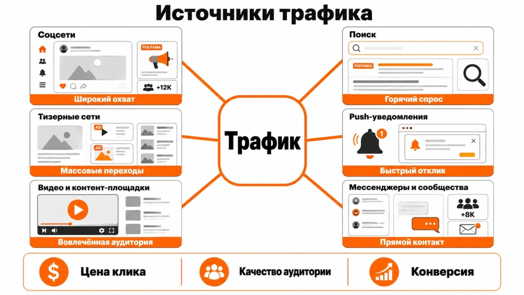 istochniki-trafika-dlya-privlecheniya-auditorii.webp Инфографика с основными источниками трафика для арбитража: соцсети, поиск, тизеры, мессенджеры, видео и push-уведомления.