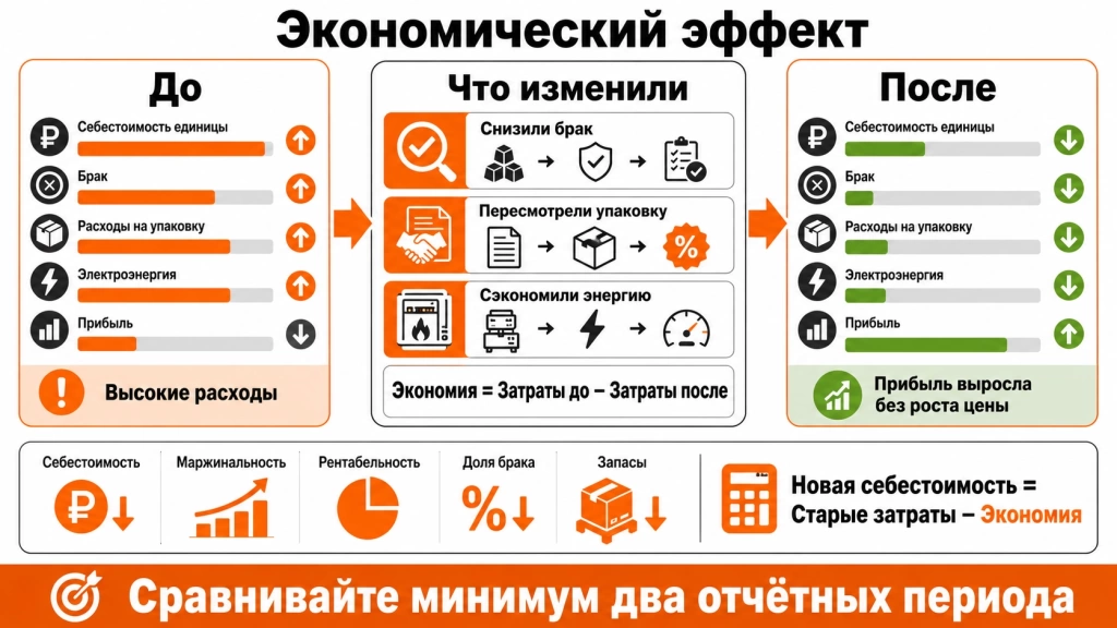 kak-rasschitat-ekonomicheskij-effekt-ot-optimizacii.webp Инфографика о расчёте экономического эффекта от оптимизации себестоимости с показателями до и после, экономией, новой себестоимостью и ростом прибыли.