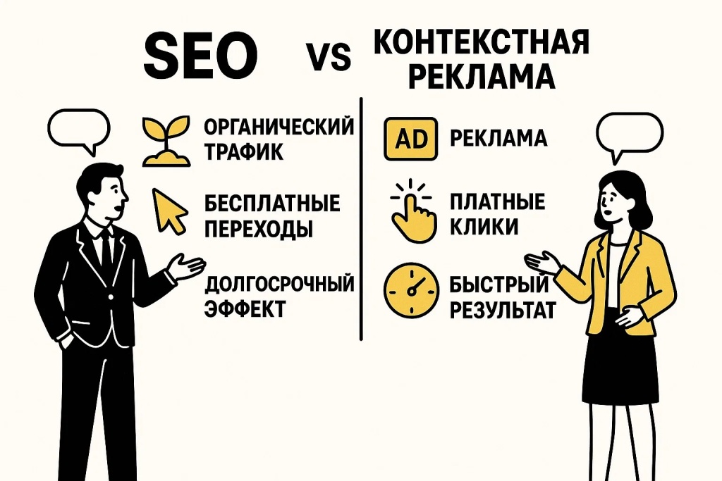 Сравнение SEO и контекстной рекламы: органический трафик против платных кликов.