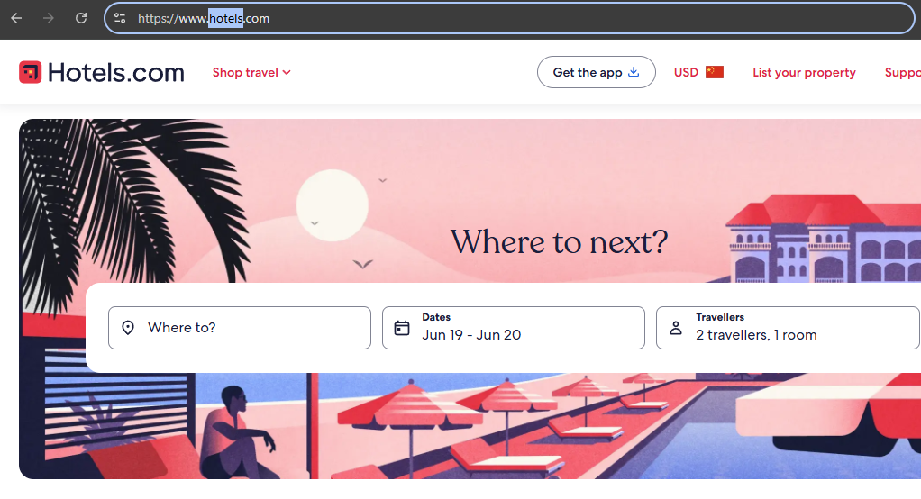 Стартовая страница сайта hotels.com с EMD-доменом. Дизайн, домен, SEO.