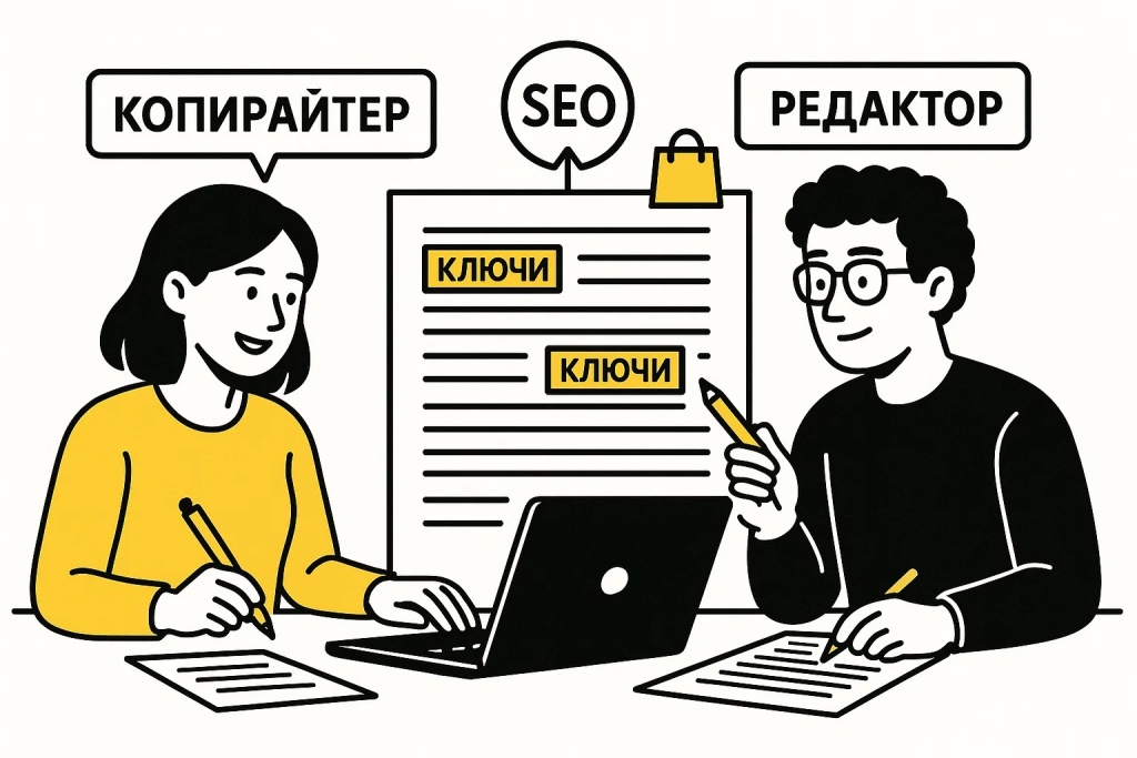 SEO копирайтер и редактор пишут текст с ключевыми словами для оптимизации. SEO копирайтер и редактор пишут текст с ключевыми словами для оптимизации.