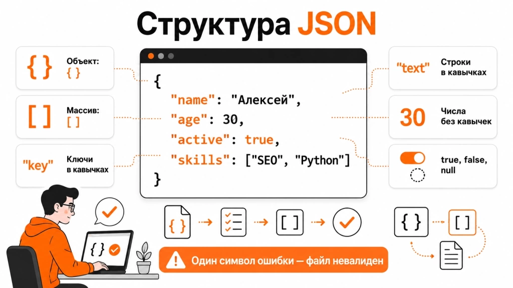 struktura-i-sintaksis-json.webp Инфографика о структуре и синтаксисе JSON: объекты, массивы, пары ключ-значение, строки, числа, true, false и null.