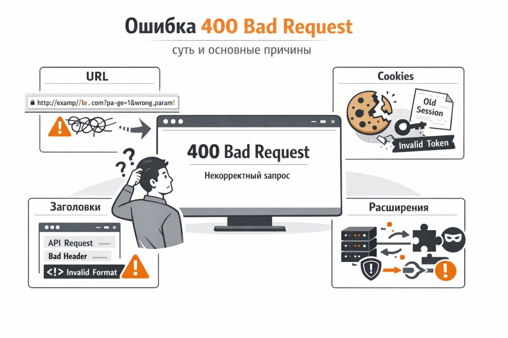 Инфографика об ошибке 400 Bad Request: некорректный URL, повреждённые cookies, ошибочные заголовки запроса и конфликты браузерных расширений.