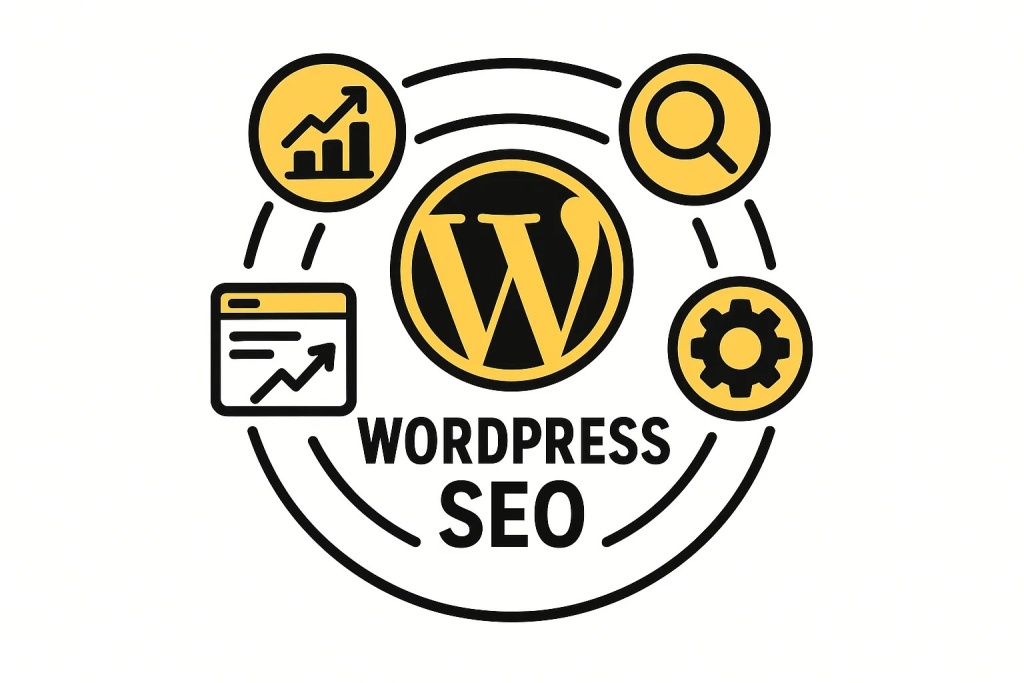 Изображение WordPress SEO с иконками роста, настройки и поиска для оптимизации сайта
