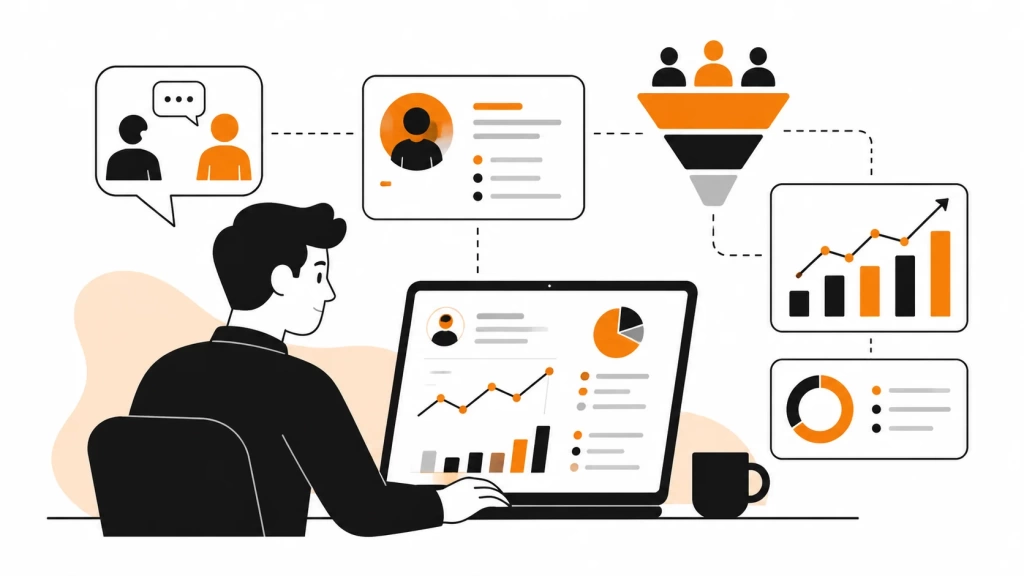 issledovanie-b2b-klientov-dannyh-crm.webp Исследование B2B-клиентов и данных: специалист анализирует CRM, графики и карточки.
