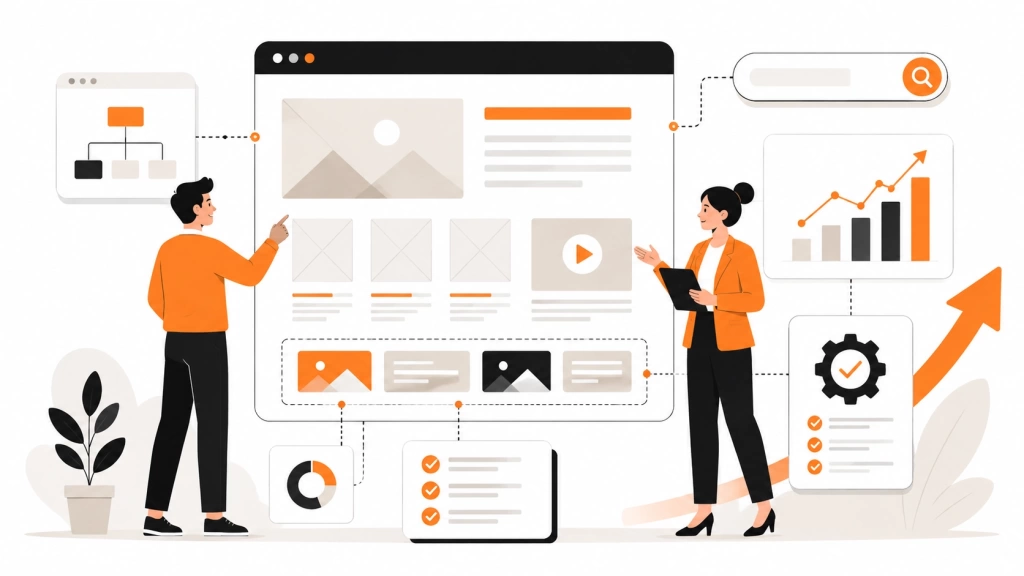 Два специалиста обсуждают связь разработки сайта и SEO рядом с макетом страницы, чек-листом, поисковой и SEO-аналитикой. 