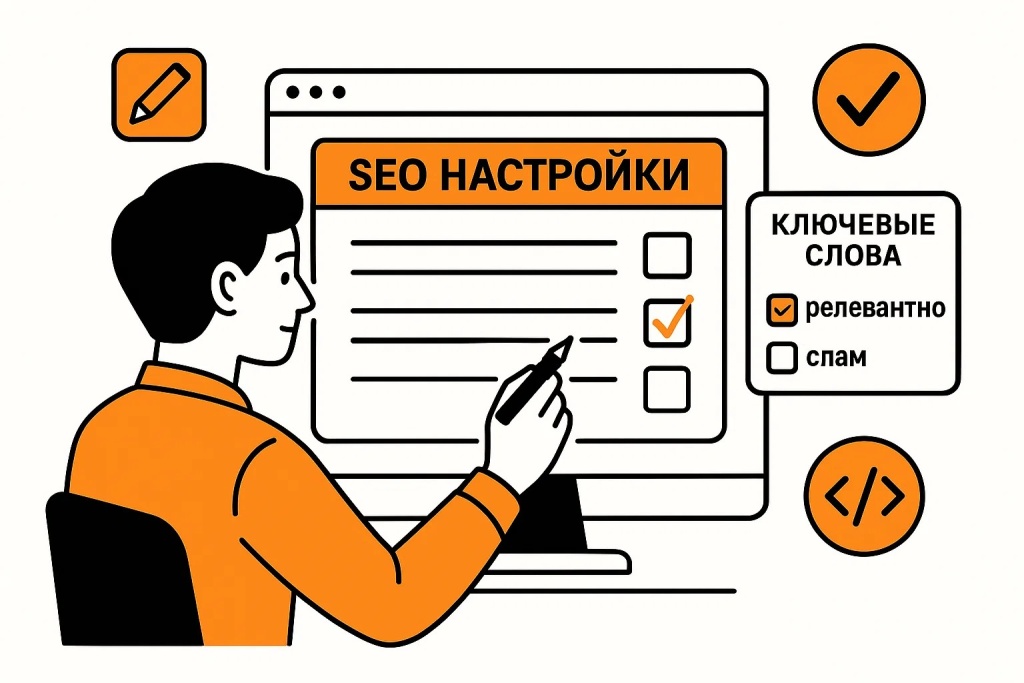 seo-nastrojki-klyuchevye-slova-relevantnost.jpg Процесс настройки SEO включая подбор и распределение релевантных ключевых слов на странице.