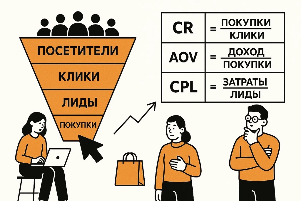Маркетинговая воронка с расчетами CR, AOV и CPL для бизнес-аналитики. Маркетинговая воронка с расчетами CR, AOV и CPL для бизнес-аналитики.