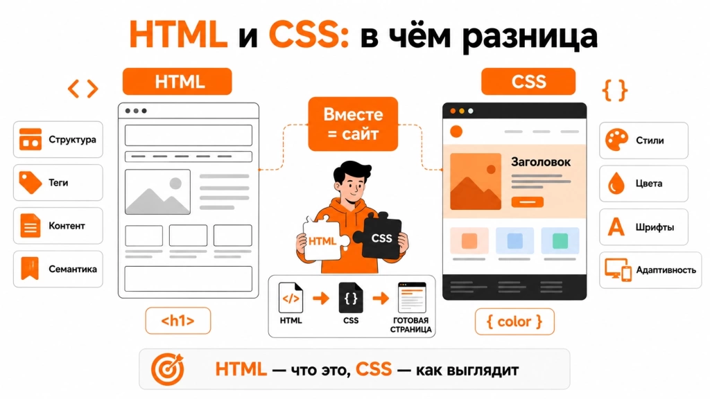 klyuchevye-razlichiya-html-i-css.webp Инфографика о различиях между HTML и CSS: HTML отвечает за структуру и семантику, CSS – за оформление, стили, адаптивность и визуальный интерфейс.