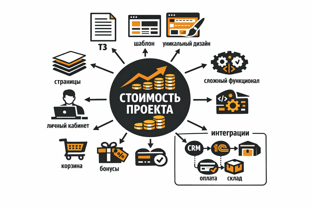 Иллюстрация факторов, влияющих на стоимость сайта: ТЗ, дизайн, страницы, интеграции и функционал.