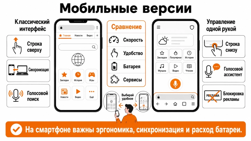  Инфографика о мобильных версиях Chrome и Яндекс Браузера: адресная строка, голосовой поиск, скорость, батарея и удобство одной рукой. 