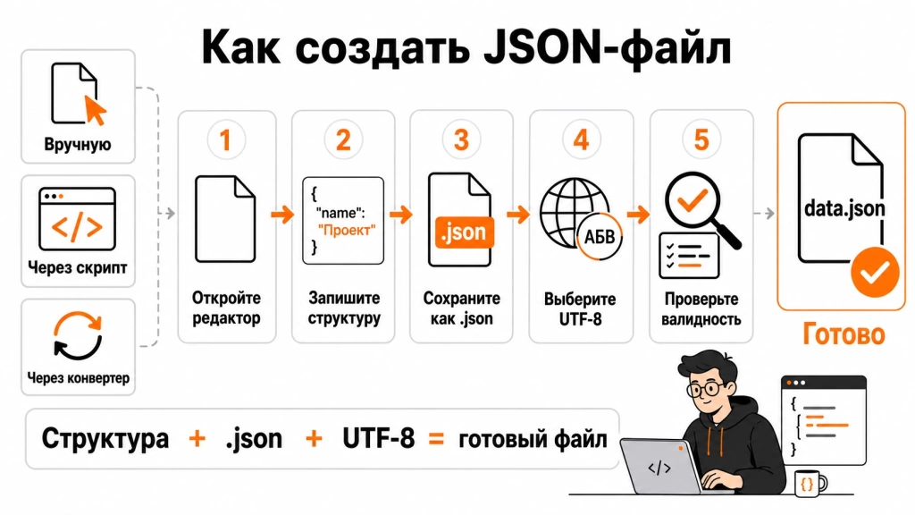 kak-sozdat-json-fajl.webp Инфографика о создании JSON-файла: текстовый редактор, структура данных, сохранение с расширением .json, кодировка UTF-8 и проверка валидности.