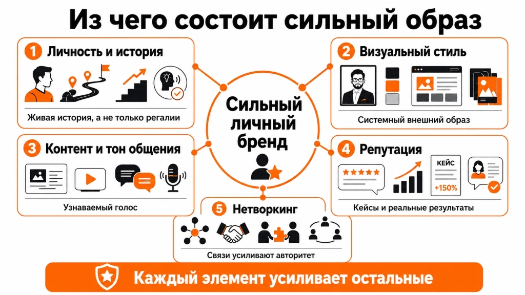 klyuchevye-elementy-silnogo-obraza.webp Инфографика с ключевыми элементами сильного личного бренда: личная история, визуальный стиль, контент, репутация и нетворкинг.