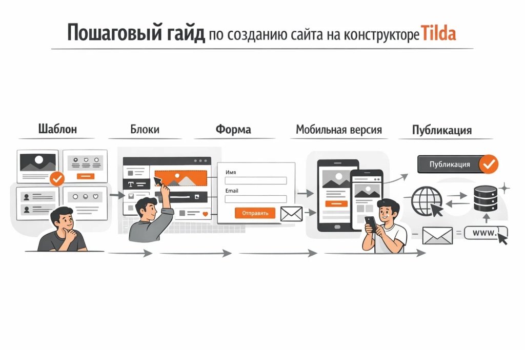 poshagovyj-gajd-po-sozdaniyu-sajta-na-tilda.jpg Инфографика о создании сайта на Tilda: выбор шаблона, редактирование блоков, настройка формы, адаптация под мобильные устройства и публикация.