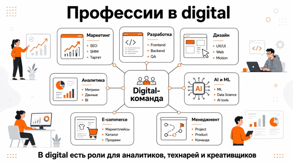 Инфографика о популярных профессиях в диджитале: маркетолог, разработчик, дизайнер, аналитик, AI-специалист, e-commerce и продуктовый менеджер.