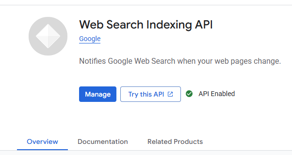 Кнопка Enable API на странице Web Search Indexing API в Google Cloud.