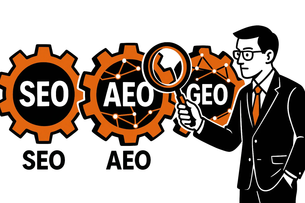 Сравнение трех концепций оптимизации: SEO, AEO и GEO. Изображение выполнено в черно-оранжевом векторном стиле.