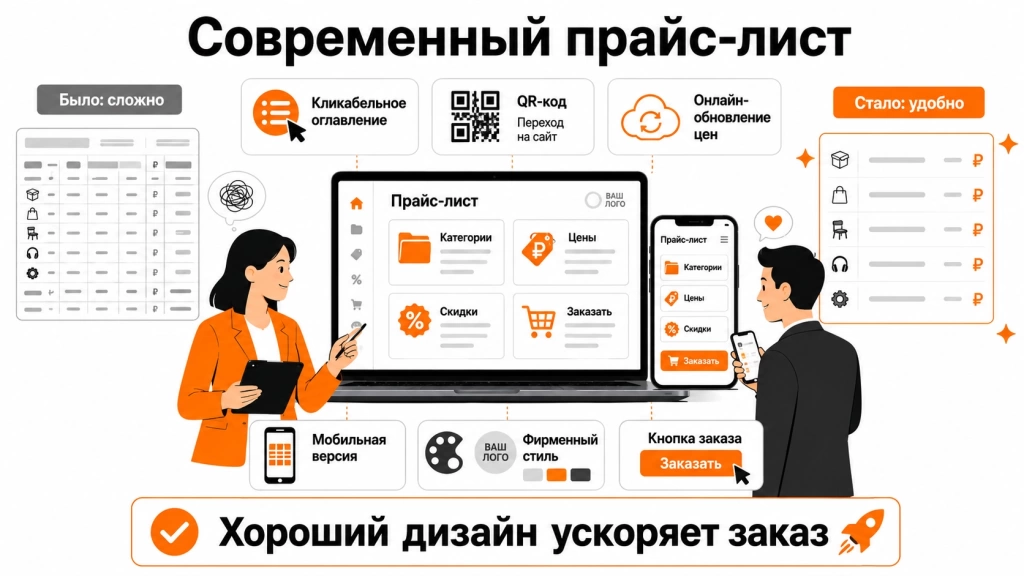Инфографика о современном оформлении прайс-листа: кликабельное оглавление, QR-коды, онлайн-обновление цен, мобильная версия и фирменный стиль.