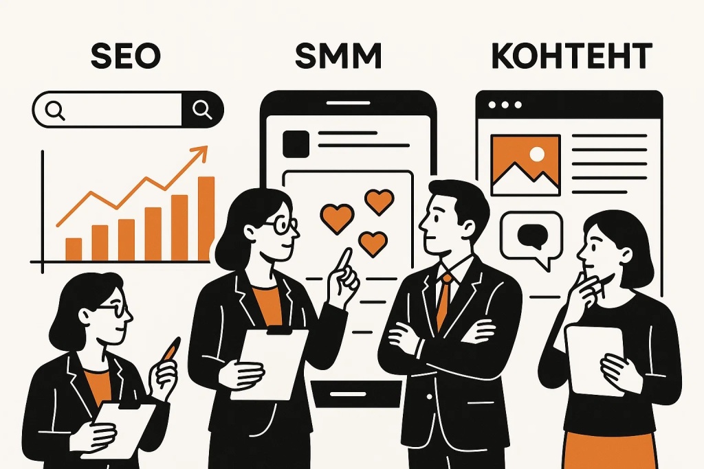 Команда обсуждает стратегии SEO, SMM и контент-маркетинга для эффективного продвижения. Команда обсуждает стратегии SEO, SMM и контент-маркетинга для эффективного продвижения.