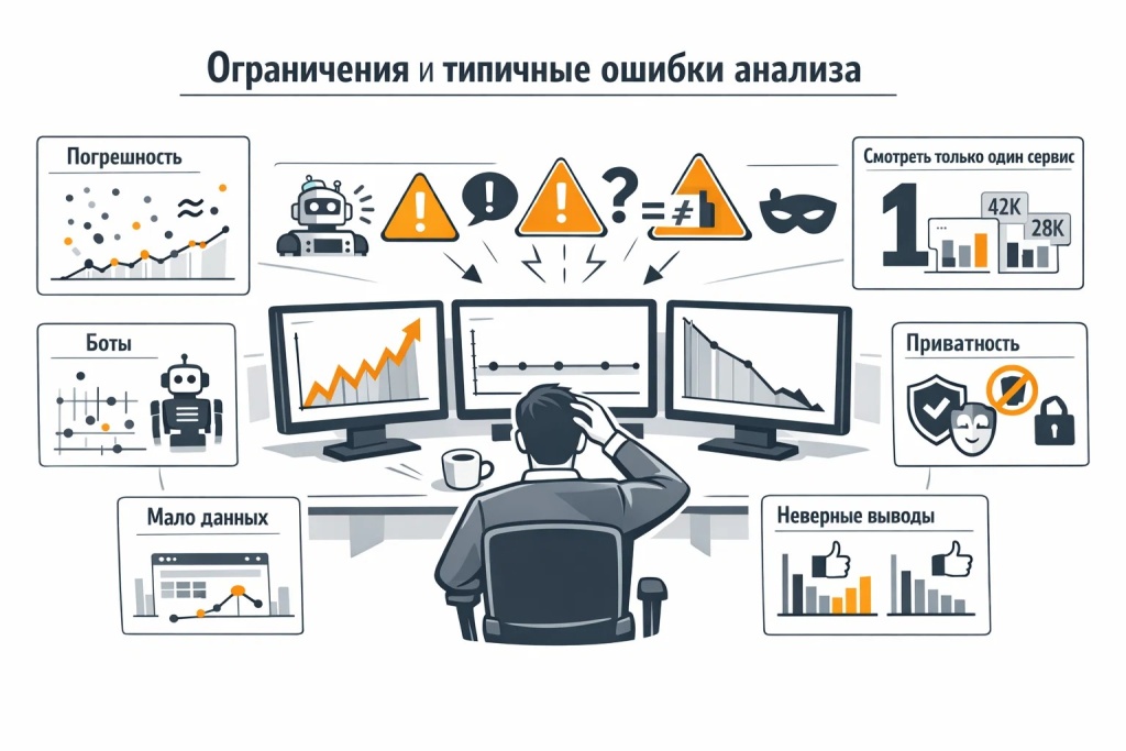 ogranicheniya-i-tipichnye-oshibki-analiza.jpg Инфографика о типичных ошибках анализа трафика: погрешность данных, противоречивые отчёты, боты, малая выборка, VPN, блокировщики и неверные выводы.