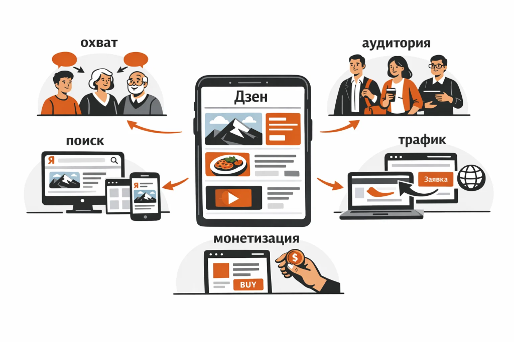 Иллюстрация преимуществ продвижения канала в Дзене для блогеров и бизнеса.