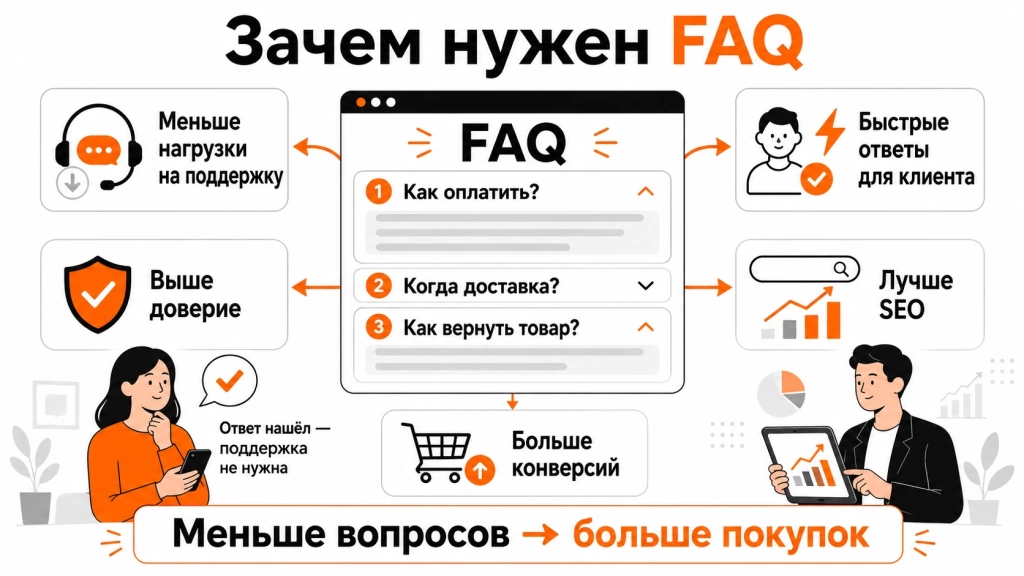 Инфографика о пользе FAQ: меньше обращений в поддержку, выше доверие, лучше SEO, больше конверсий и быстрые ответы для пользователей.