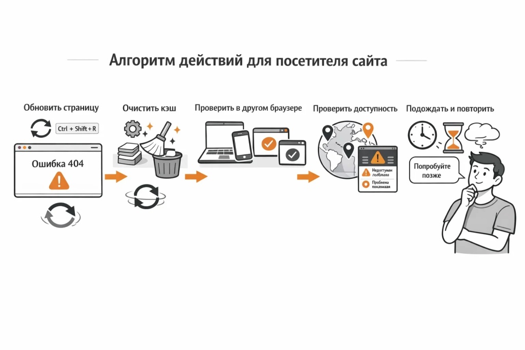 algoritm-dejstvij-dlya-posetitelya-sajta-pri-oshibke.jpg Инфографика с алгоритмом действий для посетителя сайта при ошибке 500+: обновление страницы, очистка кэша, проверка сайта через внешние сервисы и ожидание восстановления.