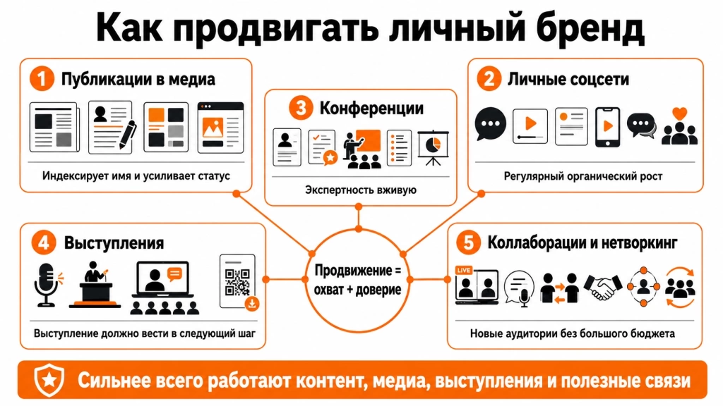 effektivnye-strategii-prodvizheniya-lichnogo-brenda.webp Инфографика со стратегиями продвижения личного бренда: медиа, соцсети, конференции, выступления и коллаборации.