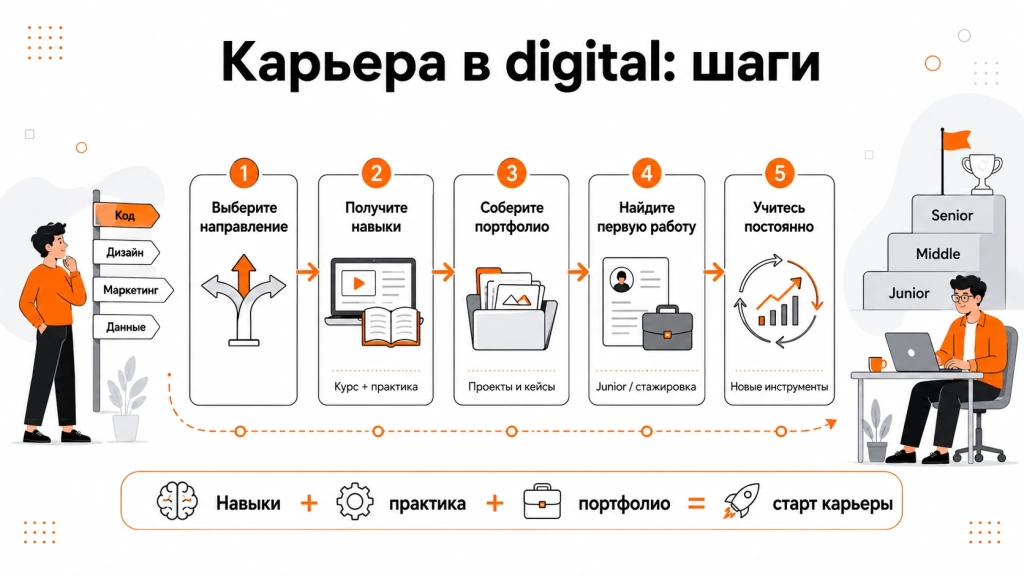 Инфографика о построении карьеры в диджитале: выбор направления, обучение, практика, портфолио, поиск работы и постоянное развитие.