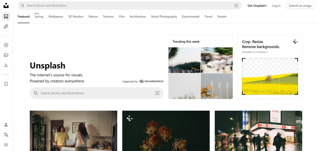 unsplash-glavnaya-stranica-stoka.jpg Главная страница стока Unsplash с примерами популярных фото и инструментами редактирования.