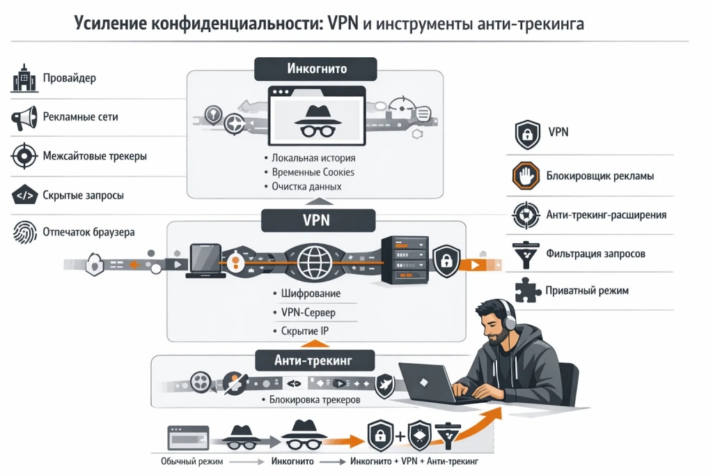 Инфографика об усилении конфиденциальности в режиме инкогнито: VPN, блокировка трекеров, анти-трекинг, защита от рекламы и уменьшение видимости активности в сети.