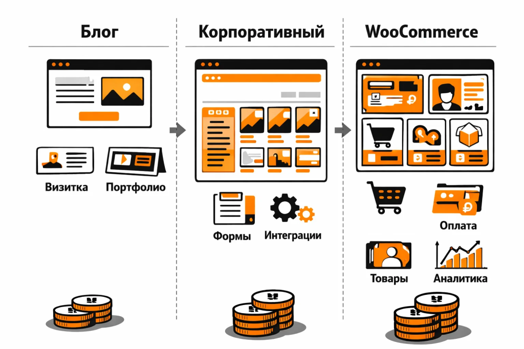 Иллюстрация сравнения разных типов сайтов на WordPress по уровню сложности и бюджету.