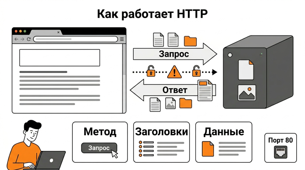 Инфографика о работе HTTP: браузер отправляет запрос на сервер, сервер возвращает ответ, данные передаются без шифрования. 