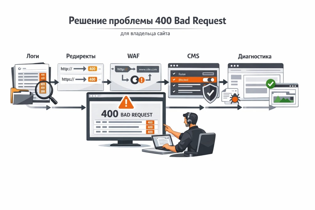 Инфографика о решении ошибки 400 для владельца сайта: анализ логов, проверка редиректов, настройка WAF и оптимизация скриптов и CMS.