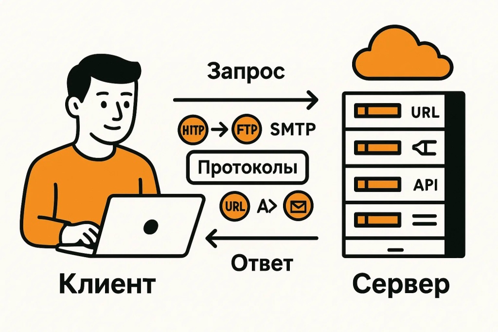 Схема взаимодействия между клиентом и сервером с использованием интернет протоколов HTTP FTP и SMTP.