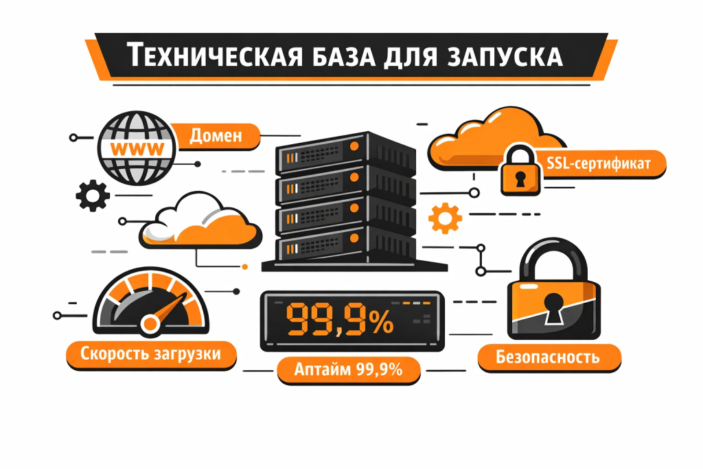 Техническая база запуска сайта: домен, хостинг, скорость и безопасность.